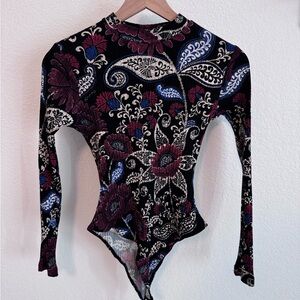 FARM Rio Black Long-Sleeve Floral Paisley Bodysuit with Burgundy & Blue Accents